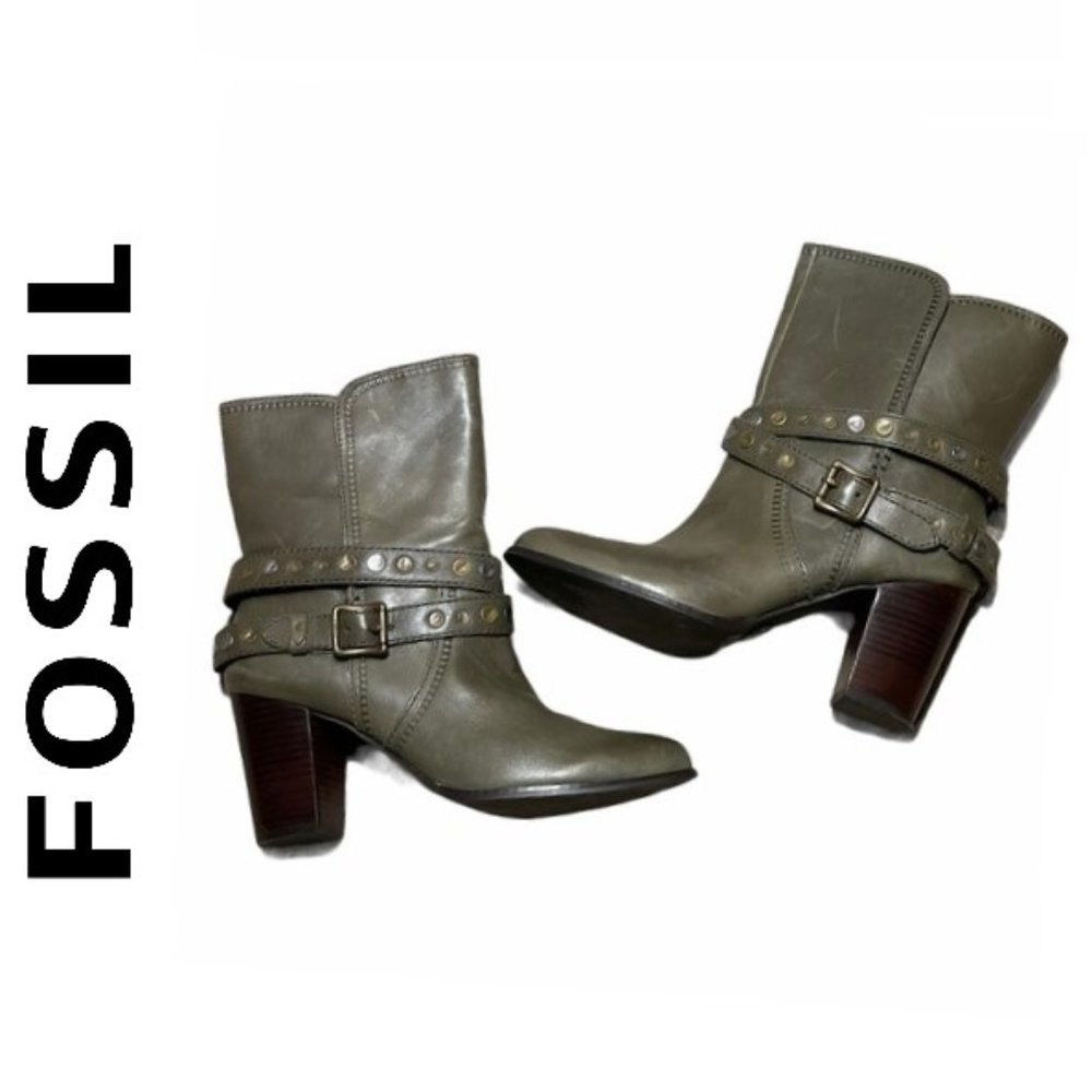 FOSSIL EVERGREEN DIDI Studded Belt Leather Chunky HEEL ANKLE BOOTIES!